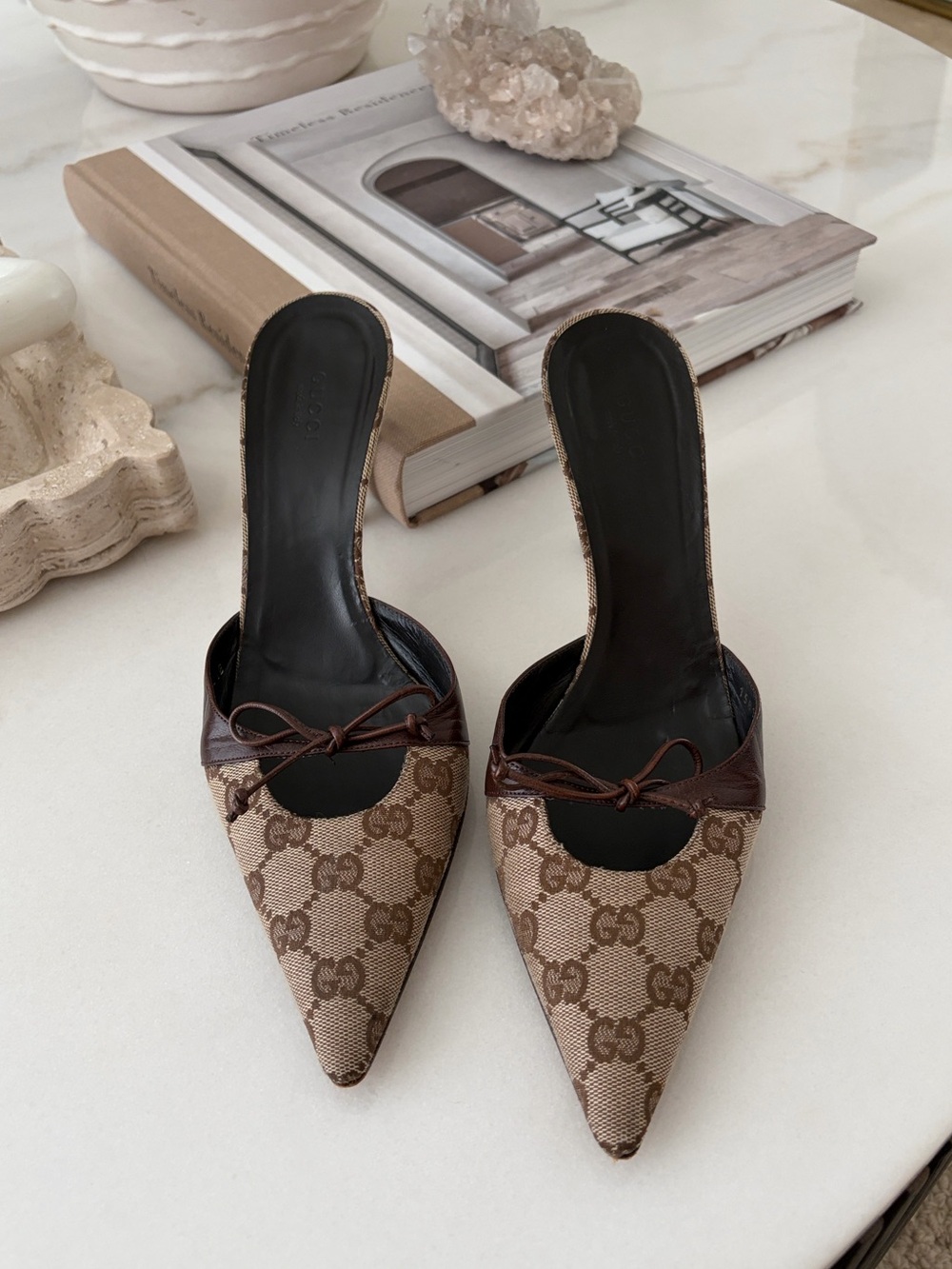 Gucci Brown Monogram Pointed-Toe Mule Heels